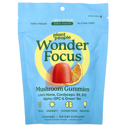 Plant People, WonderFocus®, жевательные мармеладки с грибами, сочный цитрус, 60 жевательных таблеток