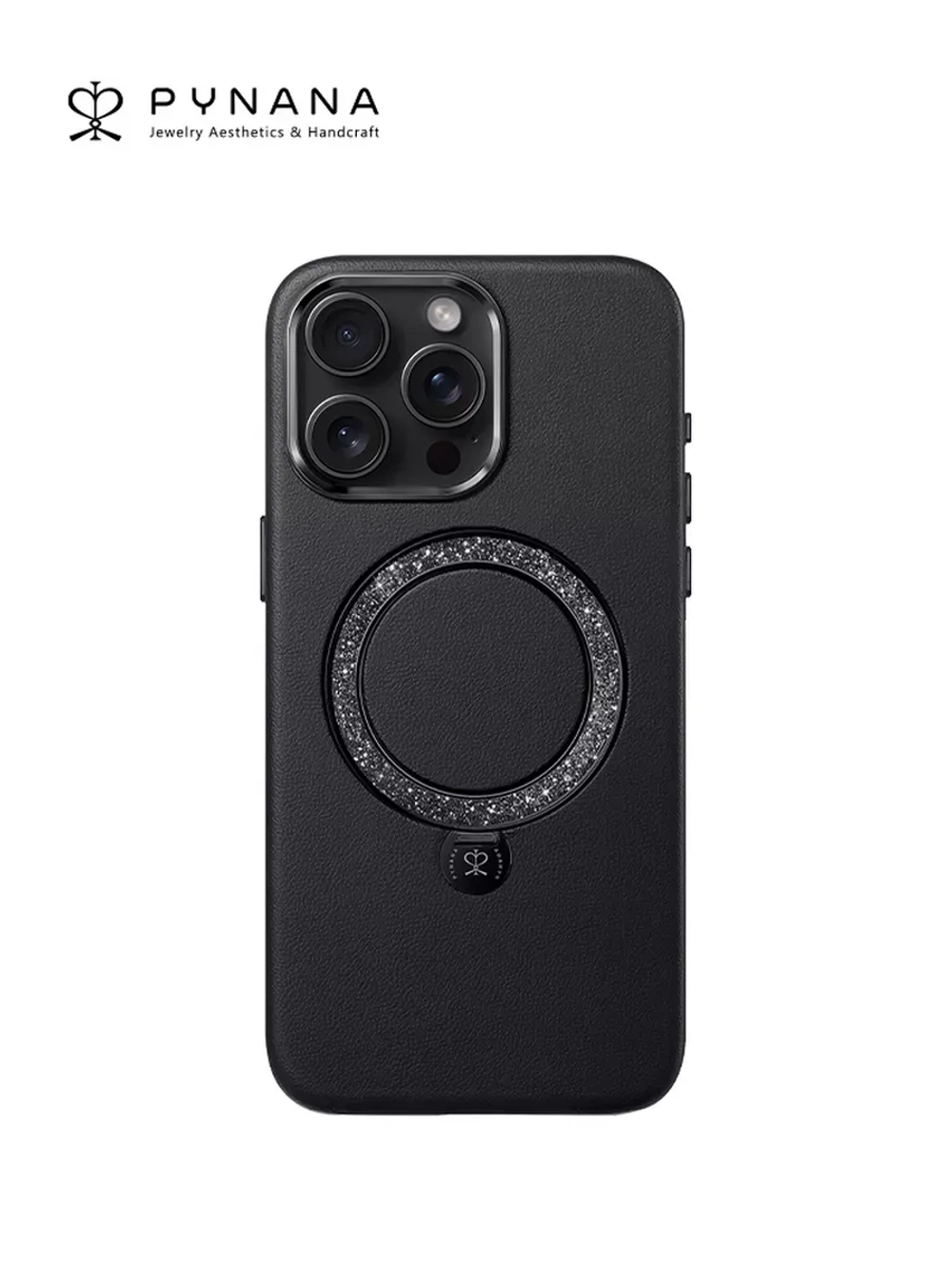 Чехол PYNANA для iPhone 15 PRO кожа, австрийский хрусталь, полуночно-черный