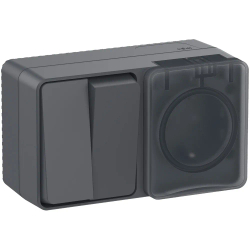 ATLASDESIGN PROFI IP54 О/У БЛОК: РОЗЕТКА с заземл. со шт., 16А, ВЫКЛЮЧАТЕЛЬ 2-клав., 10АХ, АНТРАЦИТ