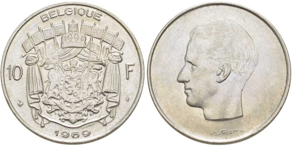Бельгия 10 франков, 1969 Надпись на французском - BELGIQUE aUNC