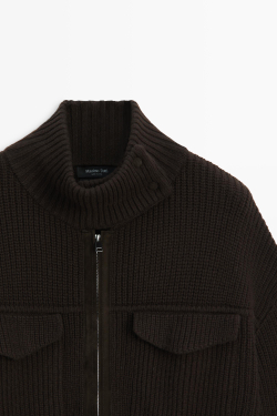 Massimo Dutti Кардиган из трикотажа, кожи и замши с карманами, коричневый