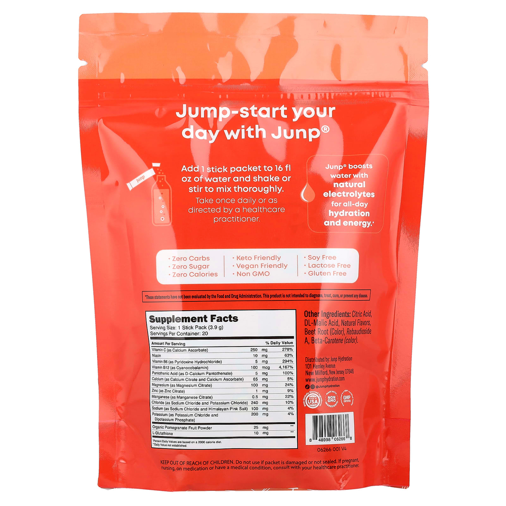 JUNP Hydration, электролитная порошковая смесь, персик, 20 пакетиков по 3,9 г (0,14 унции)