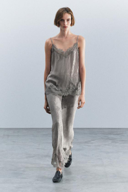 ZARA ЖАККАРДОВАЯ ЮБКА С КРУЖЕВОМ — ZW COLLECTION, СЕРЫЙ МЕЛАНЖ