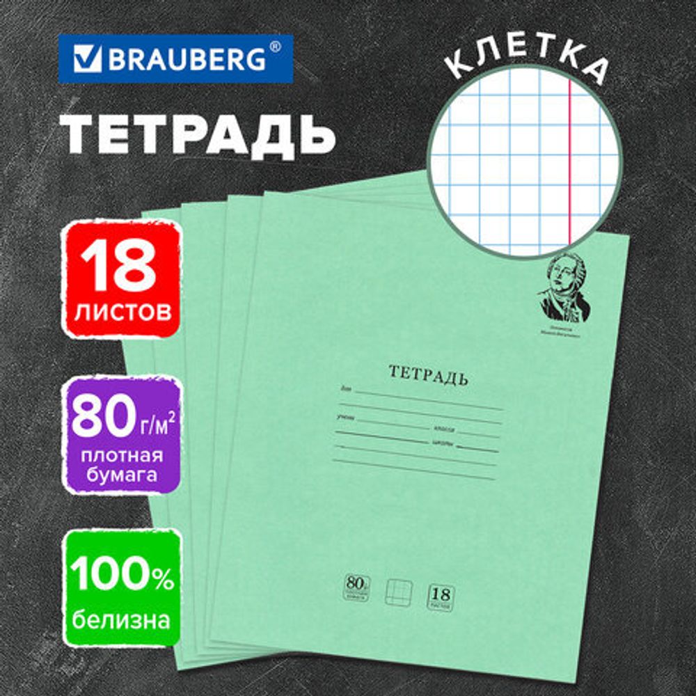 Тетрадь BRAUBERG ВЕЛИКИЕ ИМЕНА, 18 л., клетка, плотная бумага 80 г/м2, обложка тонированный офсет, 106978, 20шт
