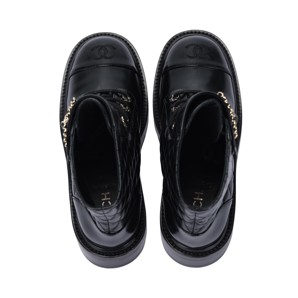 CHANEL Quilted Combat Boot Black Leather Women"s