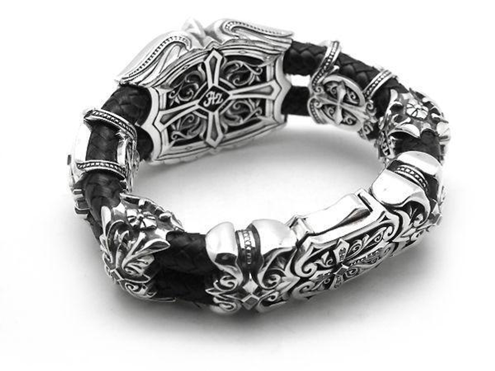 Браслет мужской из серебра и кожи Great Cross AZB-029M