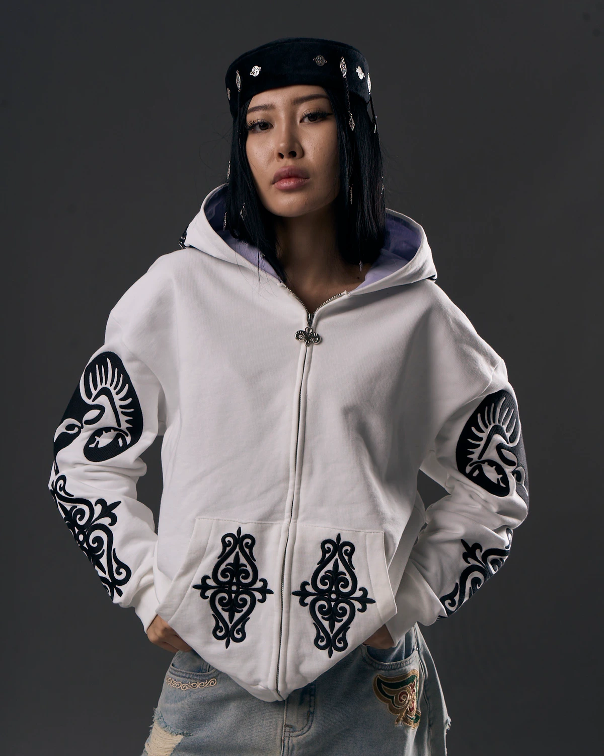 White Zip Hoodie with Signature Ornament Embroidery