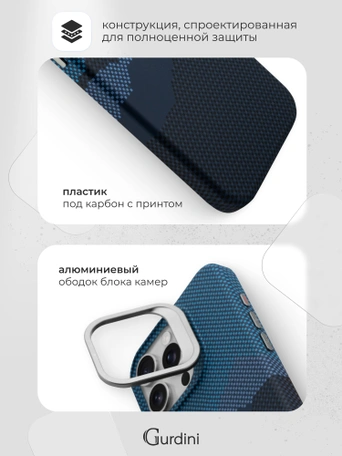 Чехол накладка iPhone 15 Pro Max 6.7" Gurdini Carbon Design (Magsafe & Lense holder) Mountain Blue