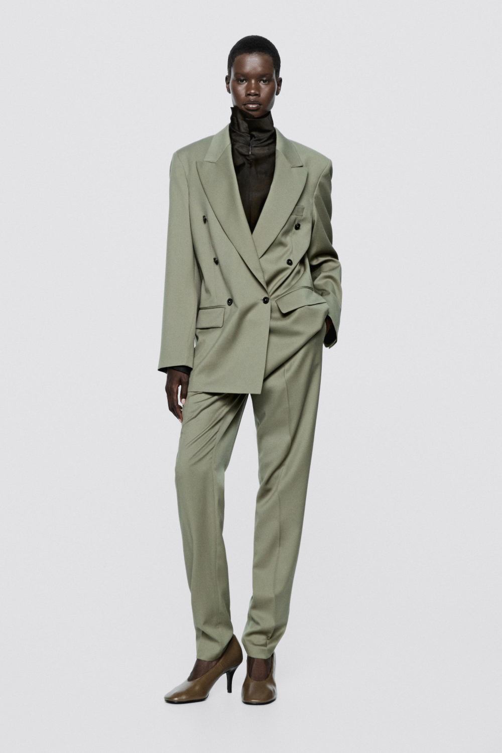 Massimo Dutti Двубортный пиджак оверсайз - Limited Edition, зеленовато-серый