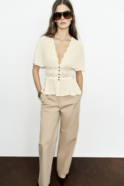 ZARA КОМБИНИРОВАННЫЙ ТОП С КРУЖЕВОМ, ЭКРЮ