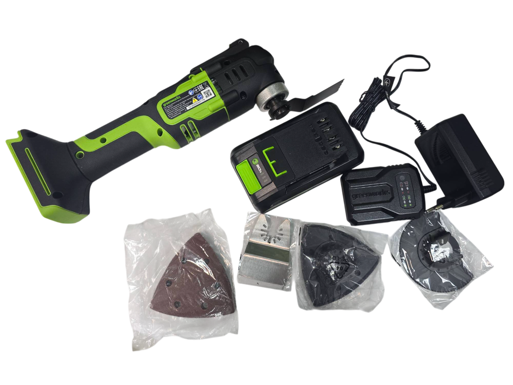 Аккумуляторный реноватор Greenworks G24MT, QOIS, 5000-18000/мин, 3,2°, LED, оснастка 13 шт, 1x2Ач,ЗУ,кор