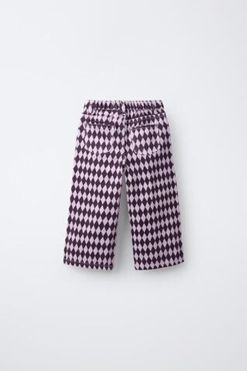 ZARA БРЮКИ WIDE LEG В РОМБ, ЛИЛОВЫЙ
