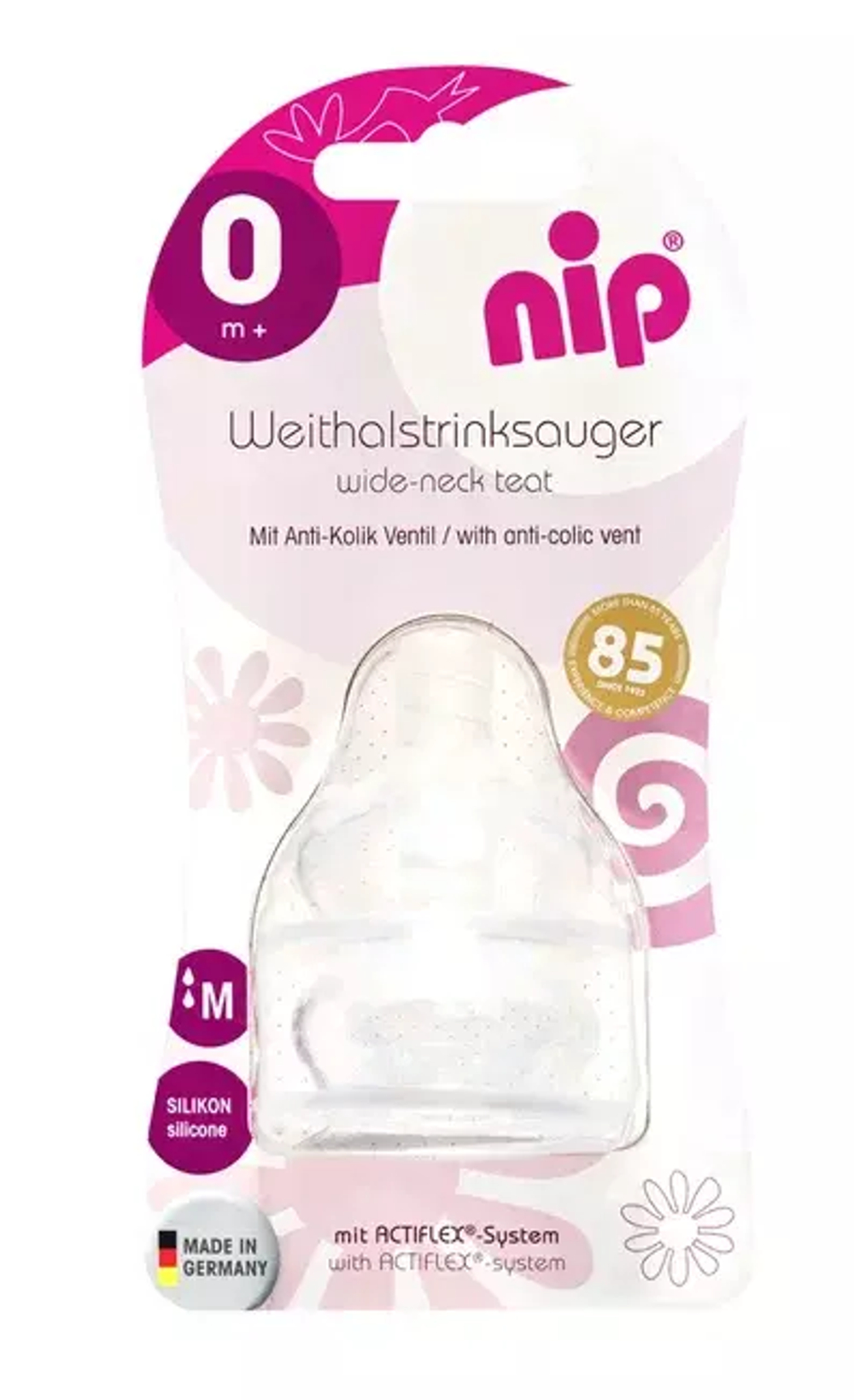 Соска силиконовая для бутылочки NiP с широким горлышком 2 шт. размер M с 0 месяцев
