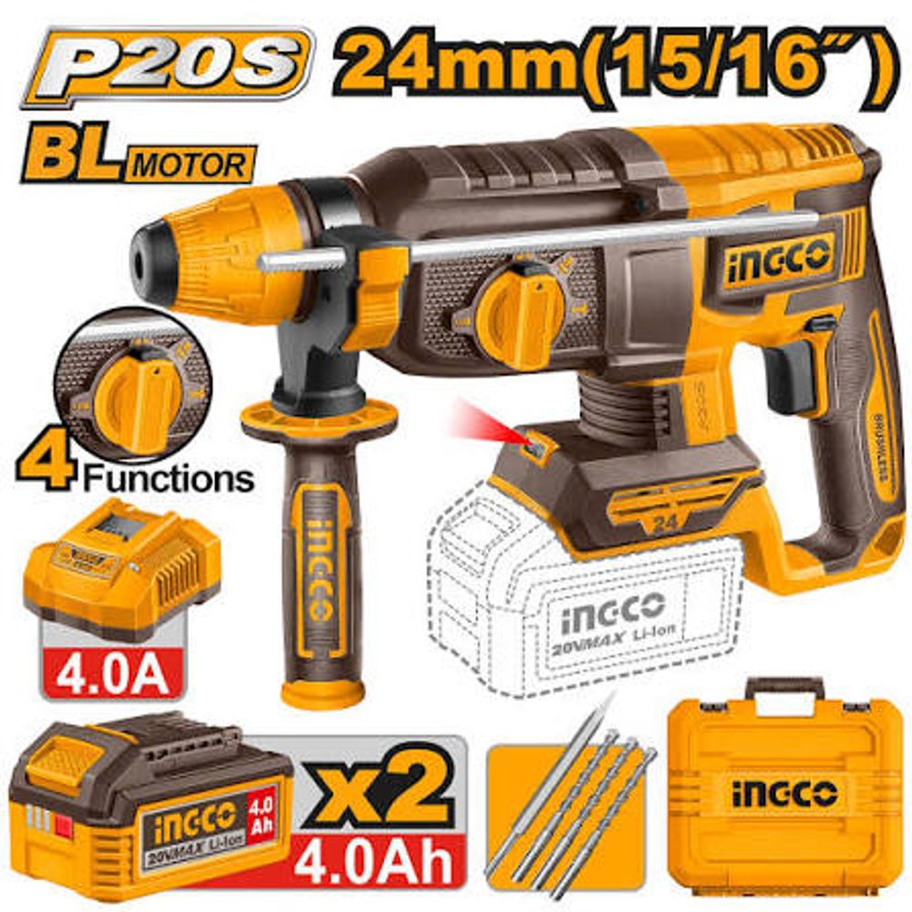 Аккумуляторный бесщеточный перфоратор SDS-Plus INGCO CRHLI202482 INDUSTRIAL 20 В 2.5 Дж 2x4 Ач