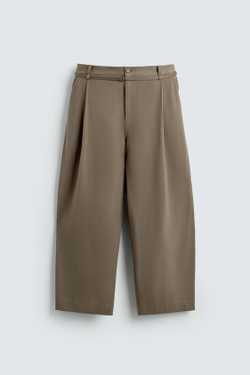 ZARA БРЮКИ BALLOON FIT С ЗАЩИПАМИ И ПОЯСОМ, СЕРО-КОРИЧНЕВЫЙ