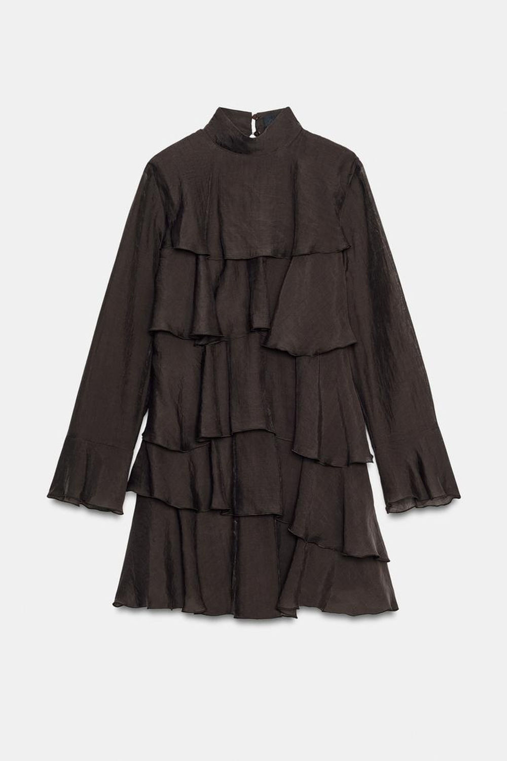 ZARA МИНИ-ПЛАТЬЕ С ВОЛАНАМИ, КОРИЧНЕВЫЙ