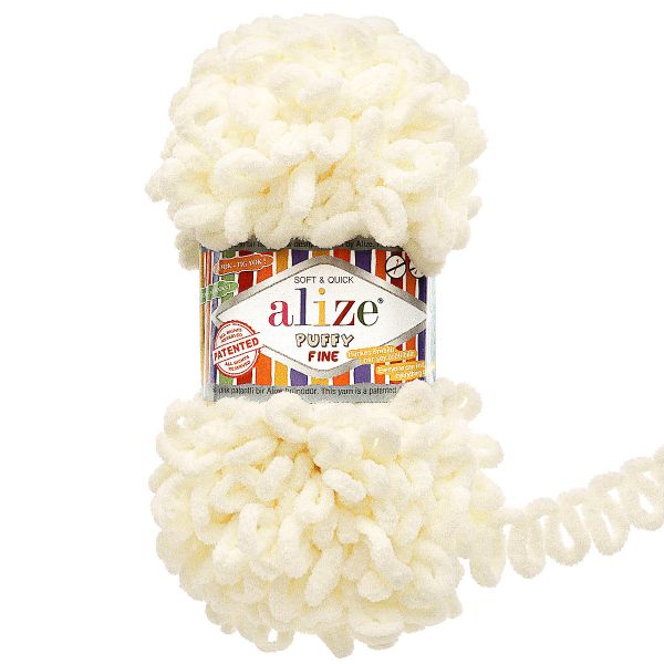 Пряжа Alize (Ализе) Puffy Fine / уп.5 мот. по 100 г, 14м, 062 светло-молочный A