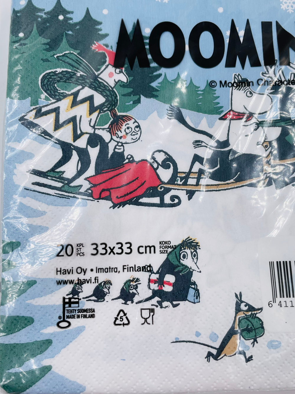 Салфетки бумажные Moomin, Рождественская страна чудесх, разноцветные 33х33 см, 20 салфеток (из Финляндии)