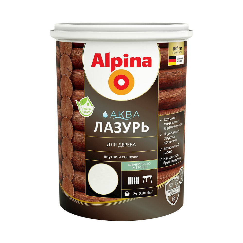 ЛАК АКРИЛОВЫЙ ВОДНО-ДИСП ALPINA АКВАЛАЗУРЬ Д/ДЕРЕВА БЕЛЫЙ, 0,9Л/0,90КГ