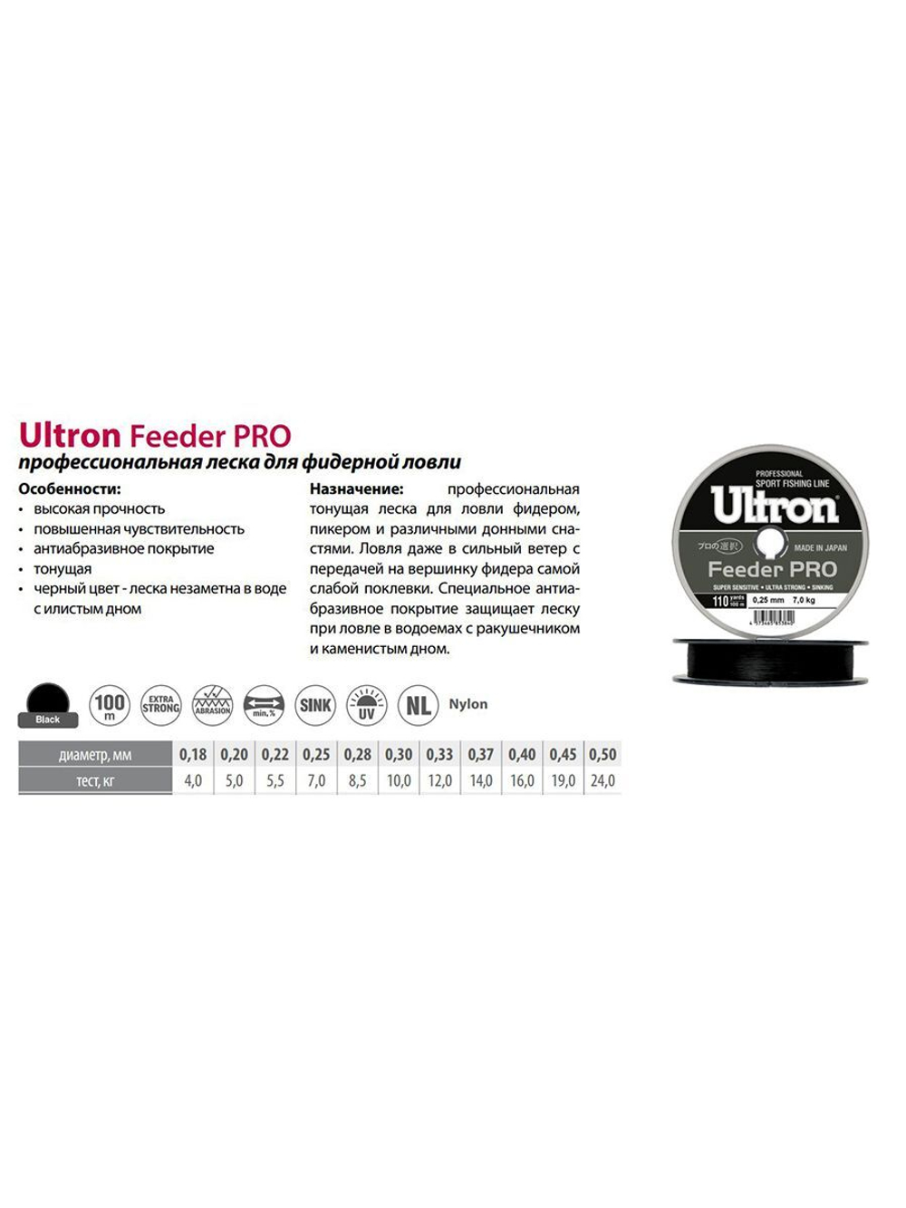 Монофильная леска рыболовная Feeder PRO 0,28 мм, 8,5 кг
