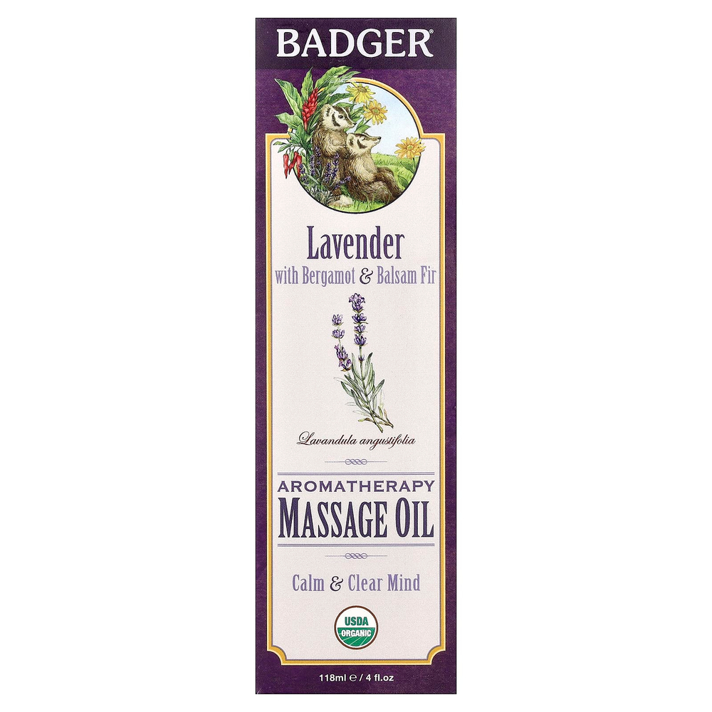 Badger, Массажное масло для ароматерапии, лаванда с бергамотом и бальзамом пихты, 4 жидких унции (118 мл)