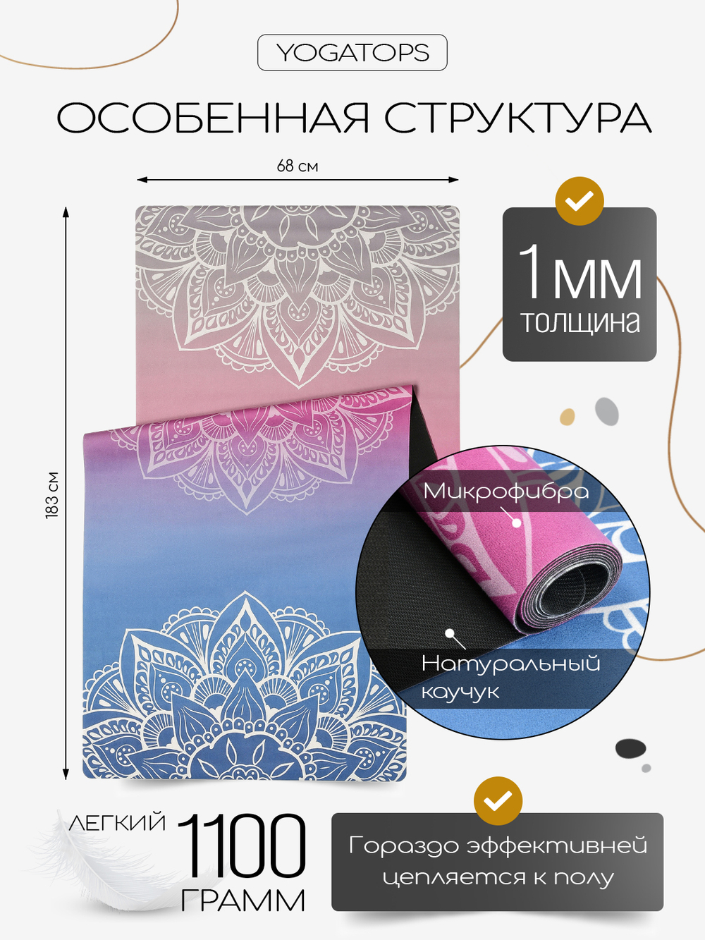 Легкий и тонкий коврик для йоги Sunrise 185*68*0,1 см из микрофибры и каучука