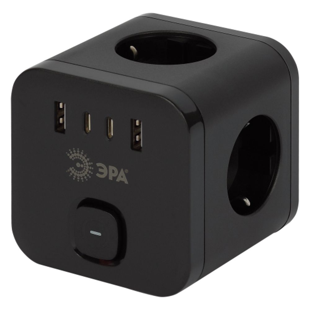 Разветвитель электрический ЭРА CUBE-3es-USB-B на 3 розетки с заземлением и выключателем + 4USBA+C со шторками 16А черный | Тройники