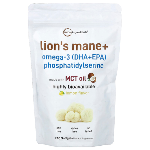 Micro Ingredients, ежовик гребенчатый с омега-3 (ДГК и ЭПК) фосфатидилсерином, лимон, 240 капсул