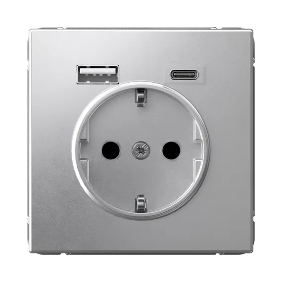 Розетка с USB A+C с заземлением и защитными шторками Systeme Electric ArtGallery Алюминий GAL000332