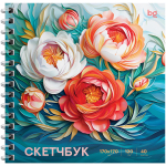 Скетчбук 170*170мм. 40л. "Пионы" на гребне, матовая ламинация, выборочный лак, 120г/м (BG)
