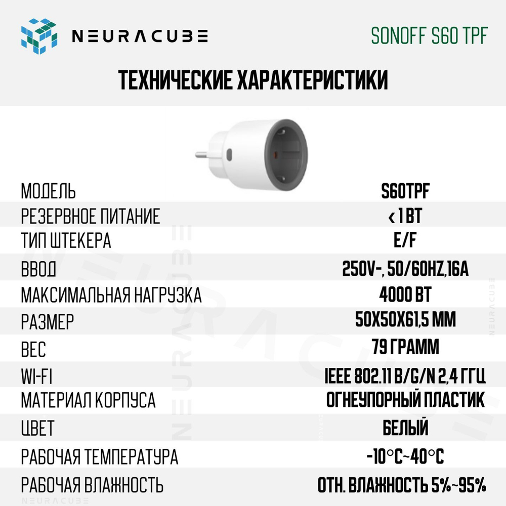 Умная WiFi розетка Sonoff S60TPF, 16А/4000Вт (Работает с Алисой)