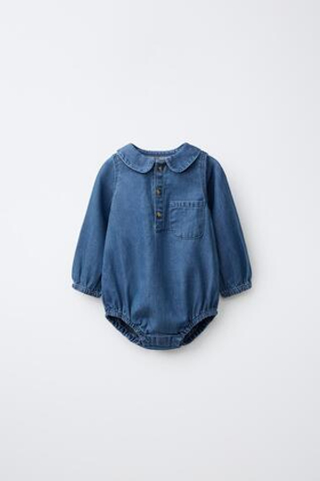 ZARA ДЖИНСОВОЕ БОДИ С БОЛЬШИМ ОТЛОЖНЫМ ВОРОТНИКОМ, ИНДИГО МЕЛАНЖ