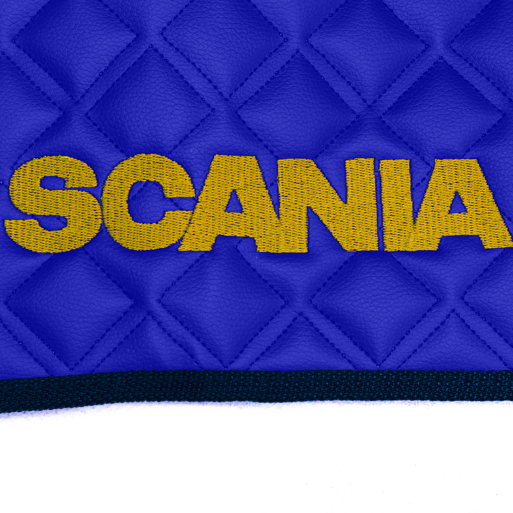 Ковры SCANIA 5 серии R (автомат), (экокожа, синий, синий кант, желтая вышивка)