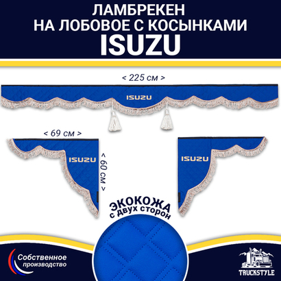 Ламбрекен с косынками двусторонние Isuzu (экокожа, синий, коричневые кисточки)