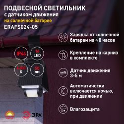Светильник уличный ЭРА ERAFS024-05 подвесной с датчиком движения на солнечной батарее 16LED 50lm | Садовые фасадные светильники