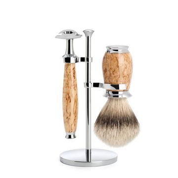 Бритвенный набор MUEHLE PURIST, каповая береза, барсучий ворс высшей категории Silvertip, Т-образная бритва (станок)