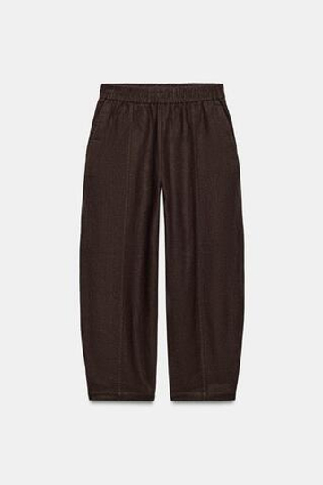 ZARA БРЮКИ BARREL ИЗ ЛЬНА, КОРИЧНЕВЫЙ