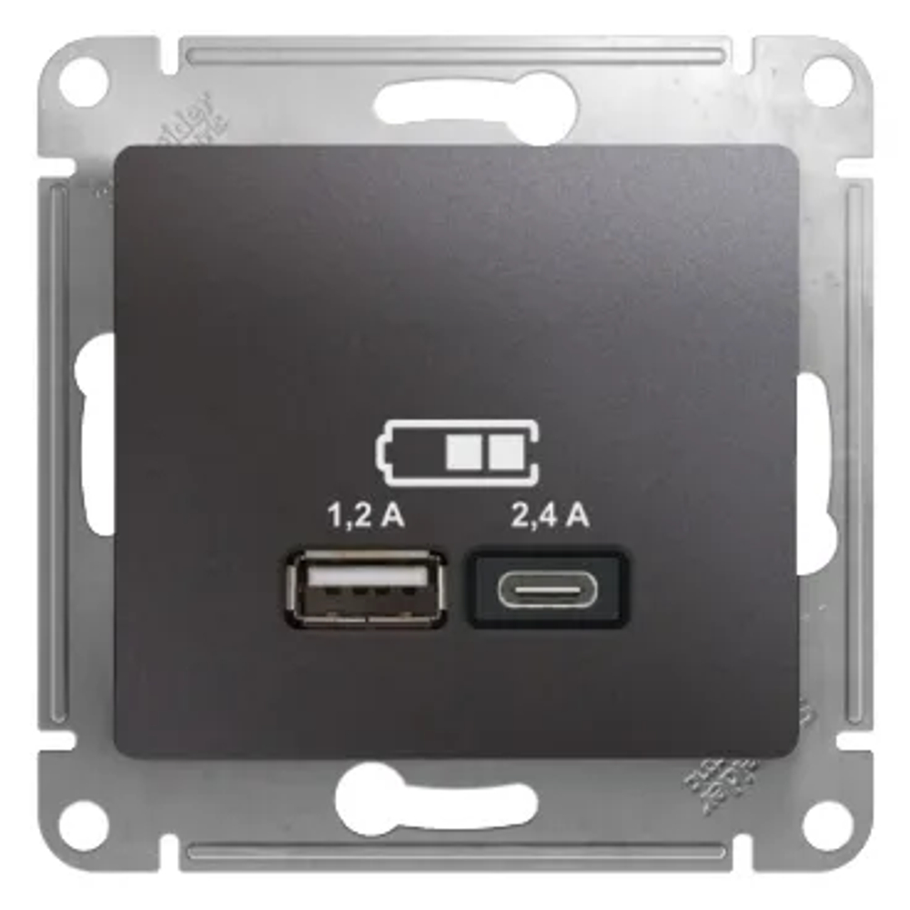 GLOSSA USB РОЗЕТКА А+С, 5В/2,4А, 2х5В/1,2А, механизм, ГРАФИТ