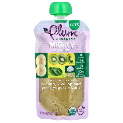 Plum Organics, Mighty 4, 4 Food Group Blend, смесь для малышей, банан, киви, шпинат, греческий йогурт, ячмень, 113 г (4 унции)