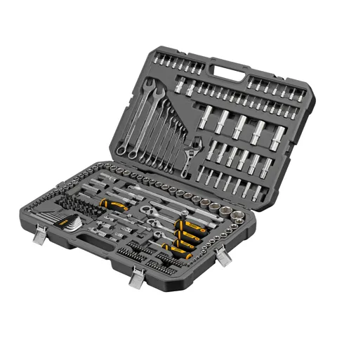 Набор инструментов, 1/2", 1/4", 3/8", CrV, S2, пластиковый кейс, 216 предметов Denzel