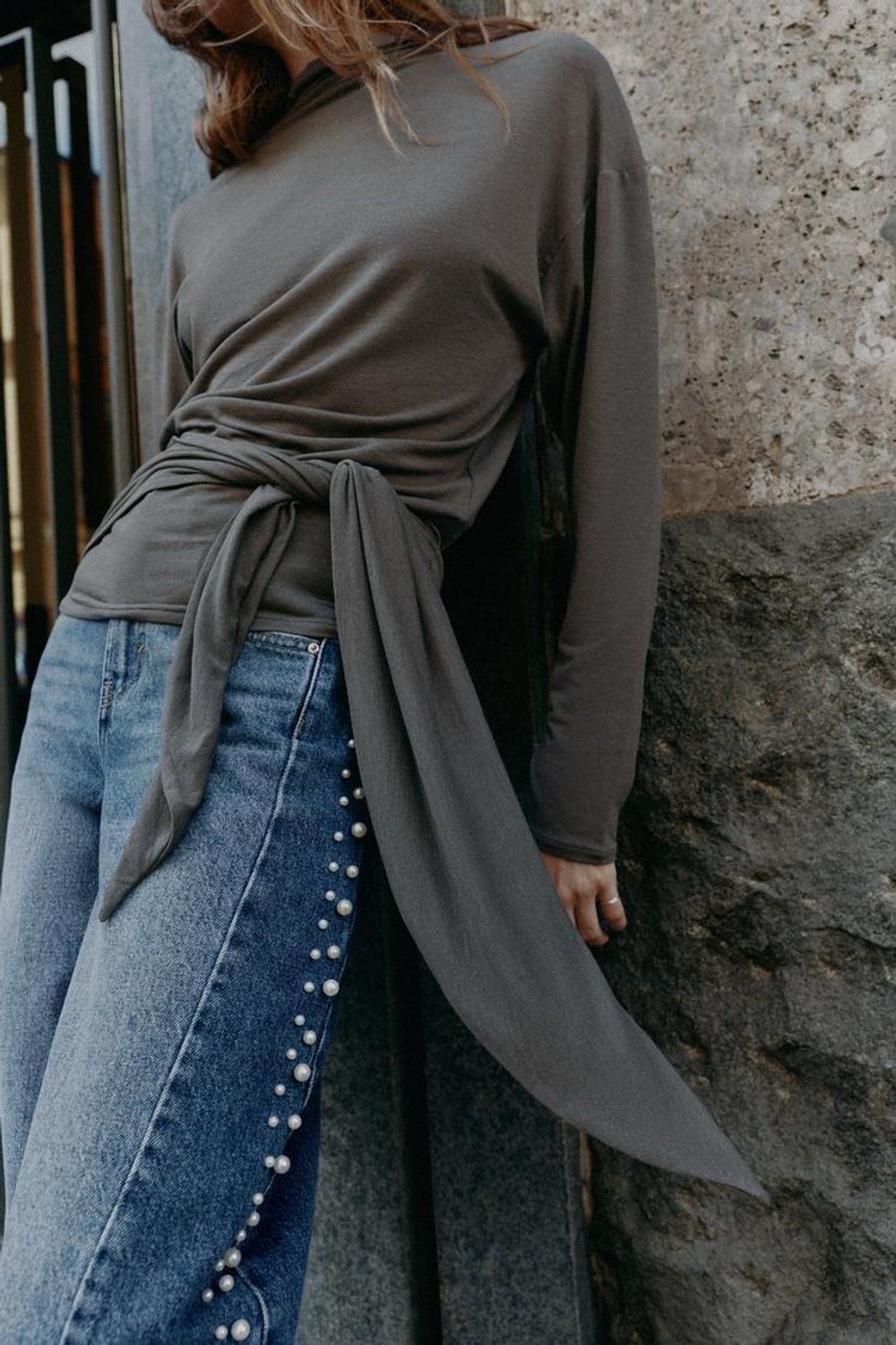 ZARA ТОП С ПОЯСОМ, МЯГКИЙ СЕРЫЙ
