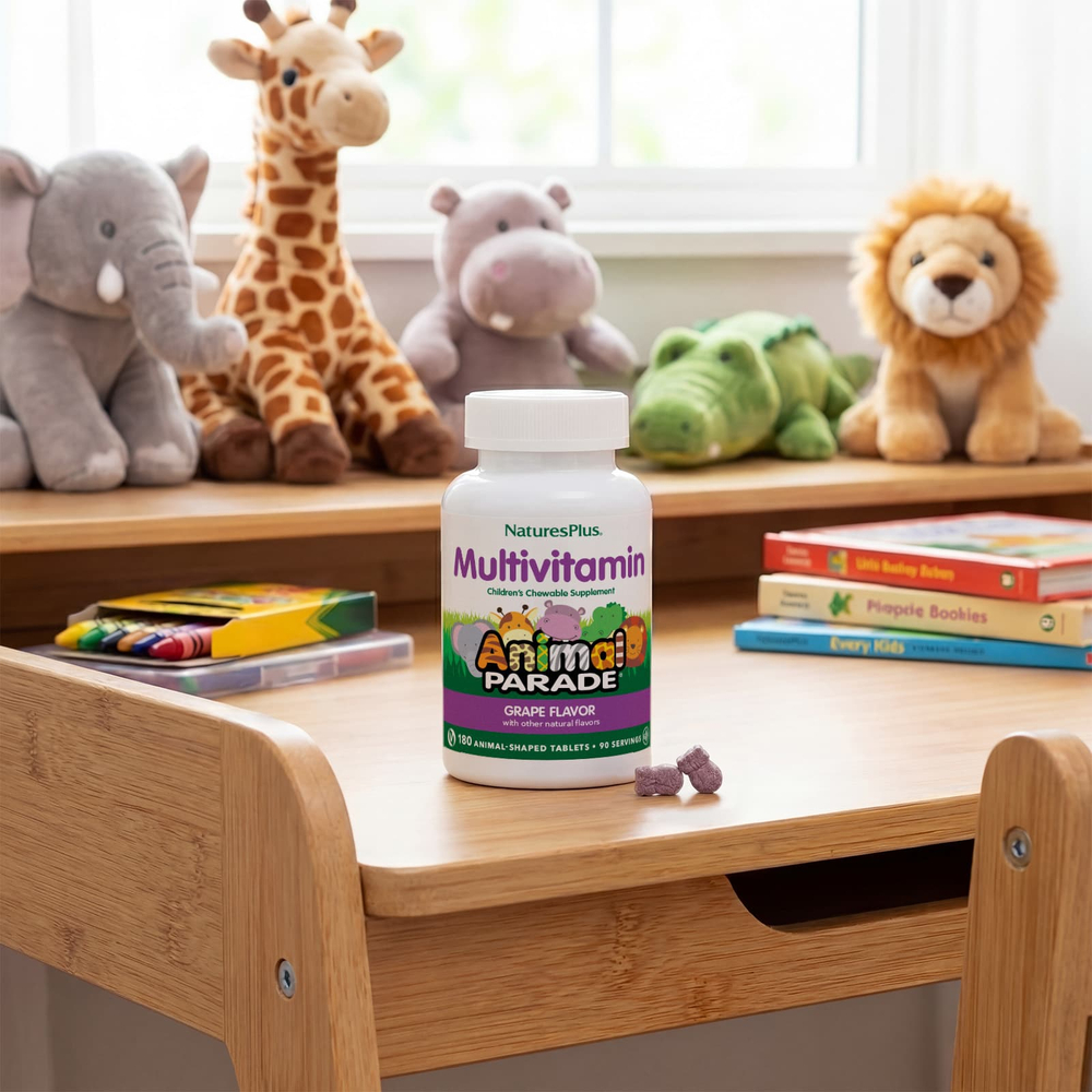 NaturesPlus, Animal Parade®, жевательные мультивитамины для детей, со вкусом винограда, 180 таблеток в форме животных