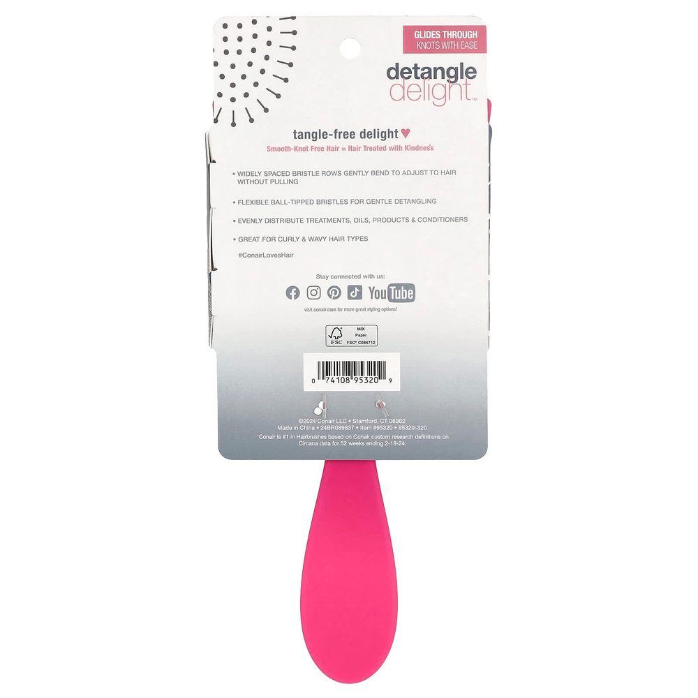 Conair, Detangle Delight™, расческа для вьющихся и волнистых волос, розовый, 1 шт.