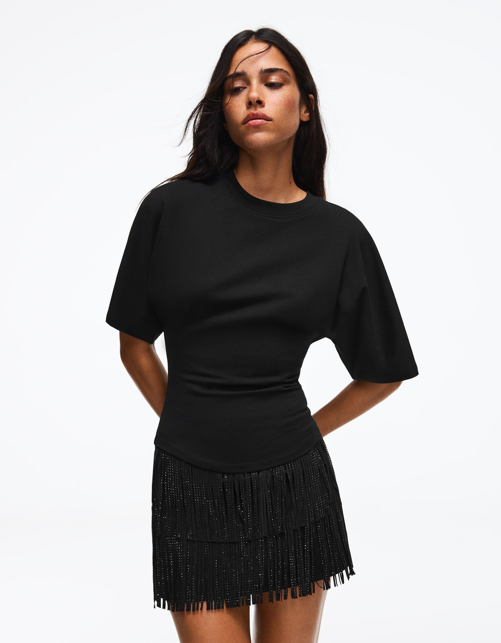 Женская футболка с корсетными деталями и короткими рукавами - BERSHKA