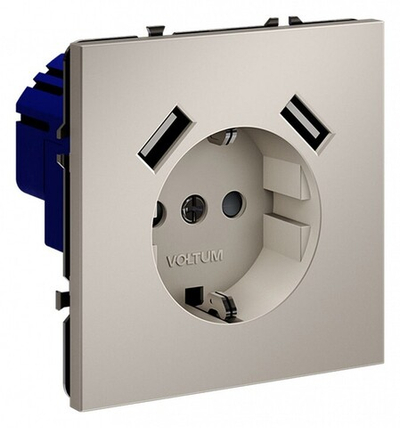 Розетка с заземлением и со шторкой и 2хUSB type A, без рамки Voltum S70 VLS040403