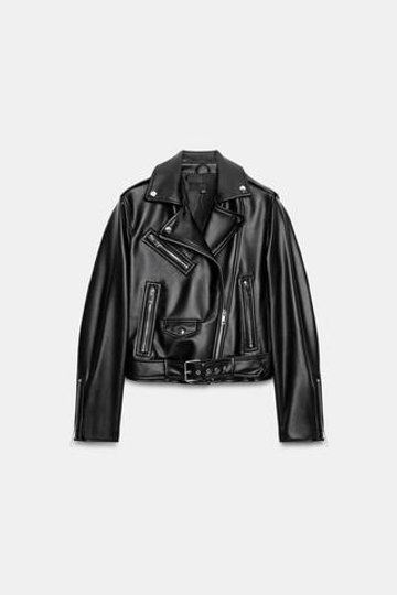 ZARA УКОРОЧЕННАЯ БАЙКЕРСКАЯ КУРТКА ИЗ ИСКУССТВЕННОЙ КОЖИ, ЧЕРНЫЙ