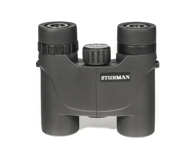 Бинокль Sturman 10x25 WP черный вид спереди с логотипом