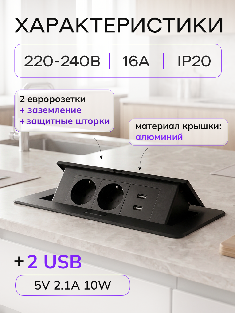 Горизонтальная двойная розетка + 2 USB, черная