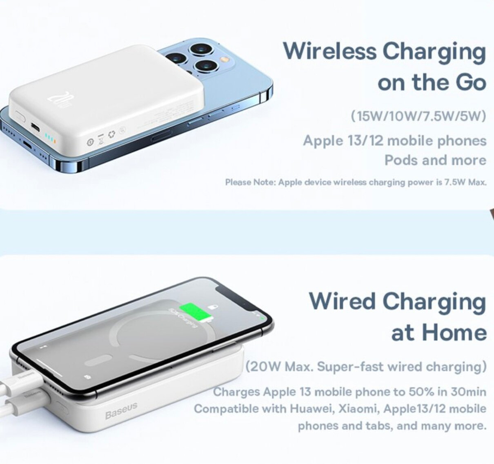 Внешний аккумулятор с магнитом повербанк Power Bank 10000mAh 20W белый Magnetik Mini Wireless BASEUS