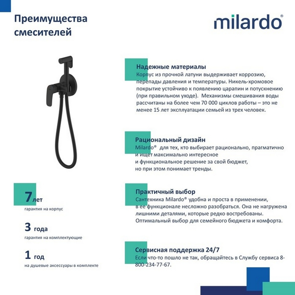 Смеситель с гигиенической лейкой 25к Milardo RORBLR0M08 Рора (Rora) встраиваемый, ЧЕРНЫЙ матовый